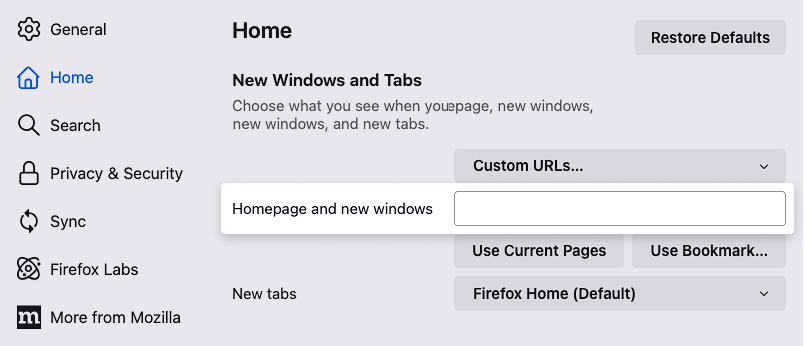 Firefox Settings about:preferences Homepage and new windows